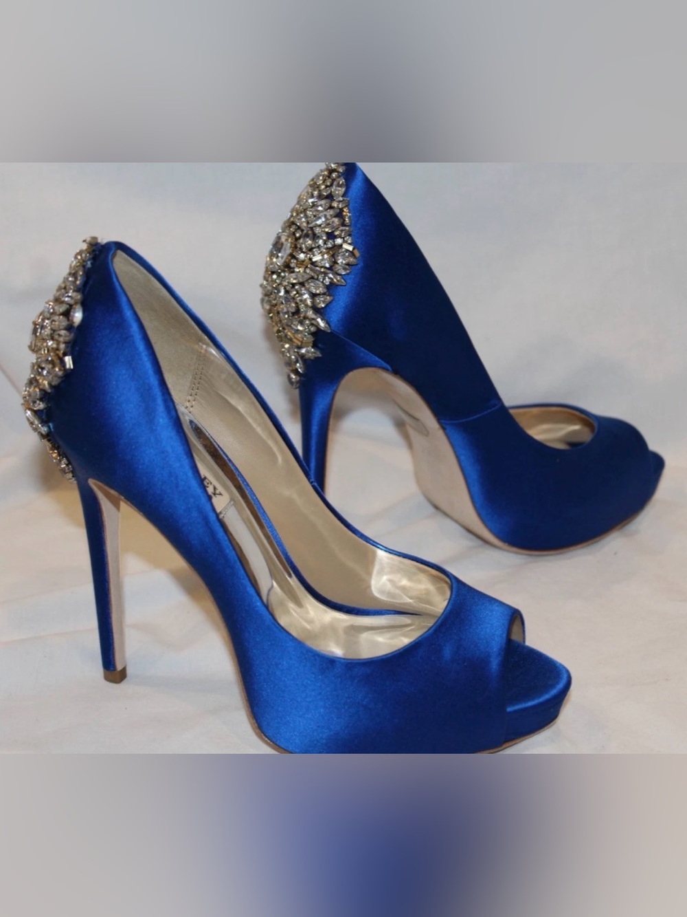 Badgley Mischka Royal Blue Satin Peep-Toe Heels with Crystal Cluster
